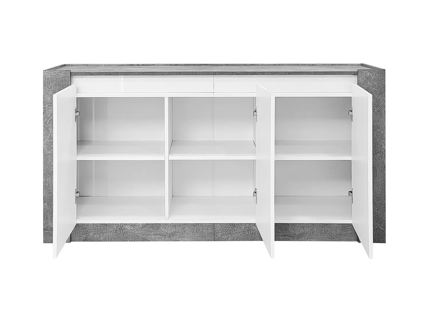 Credenza 150x40x75cm con 3 ante senza maniglia laccate bianche e LED, corpo grigio testurizzato