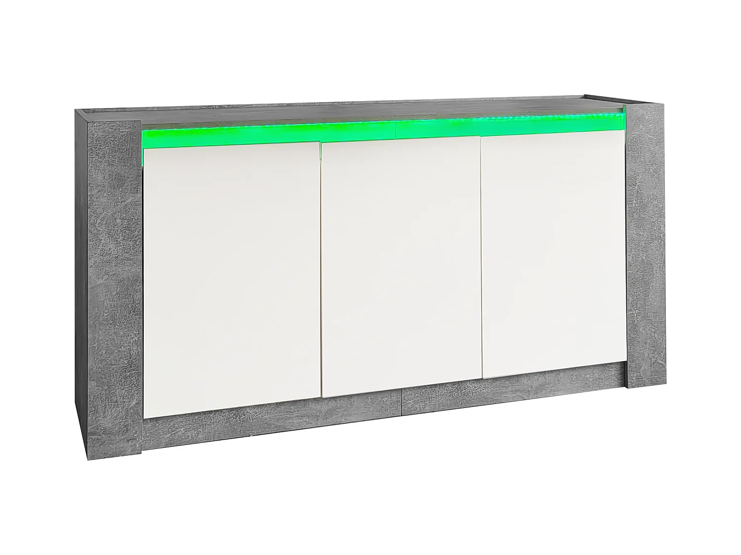 Credenza 150x40x75cm con 3 ante senza maniglia laccate bianche e LED, corpo grigio testurizzato