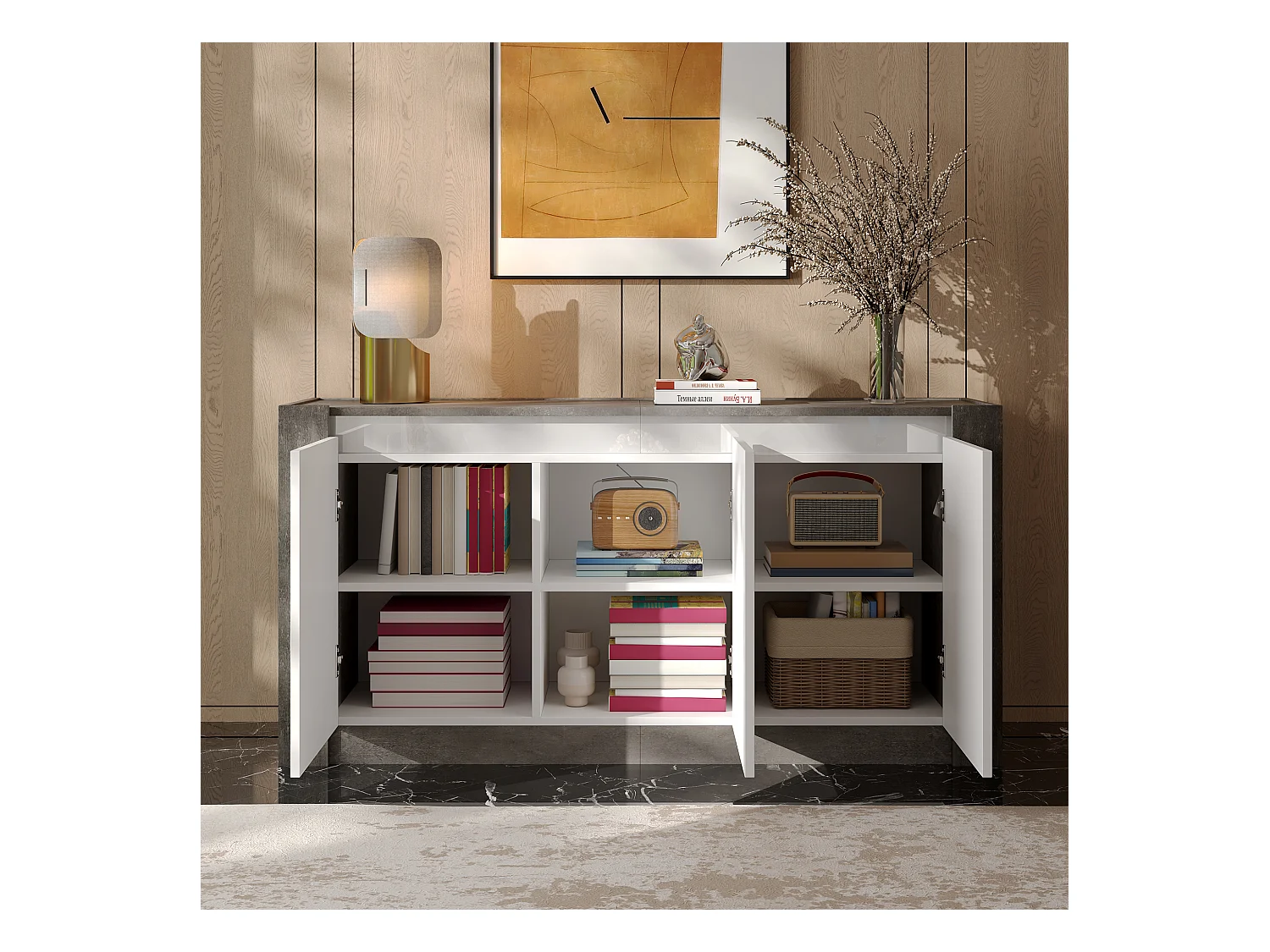 Buffet 150x40x75cm avec 3 porte sans poignées en blanc laqué et LED, corps texturé gris