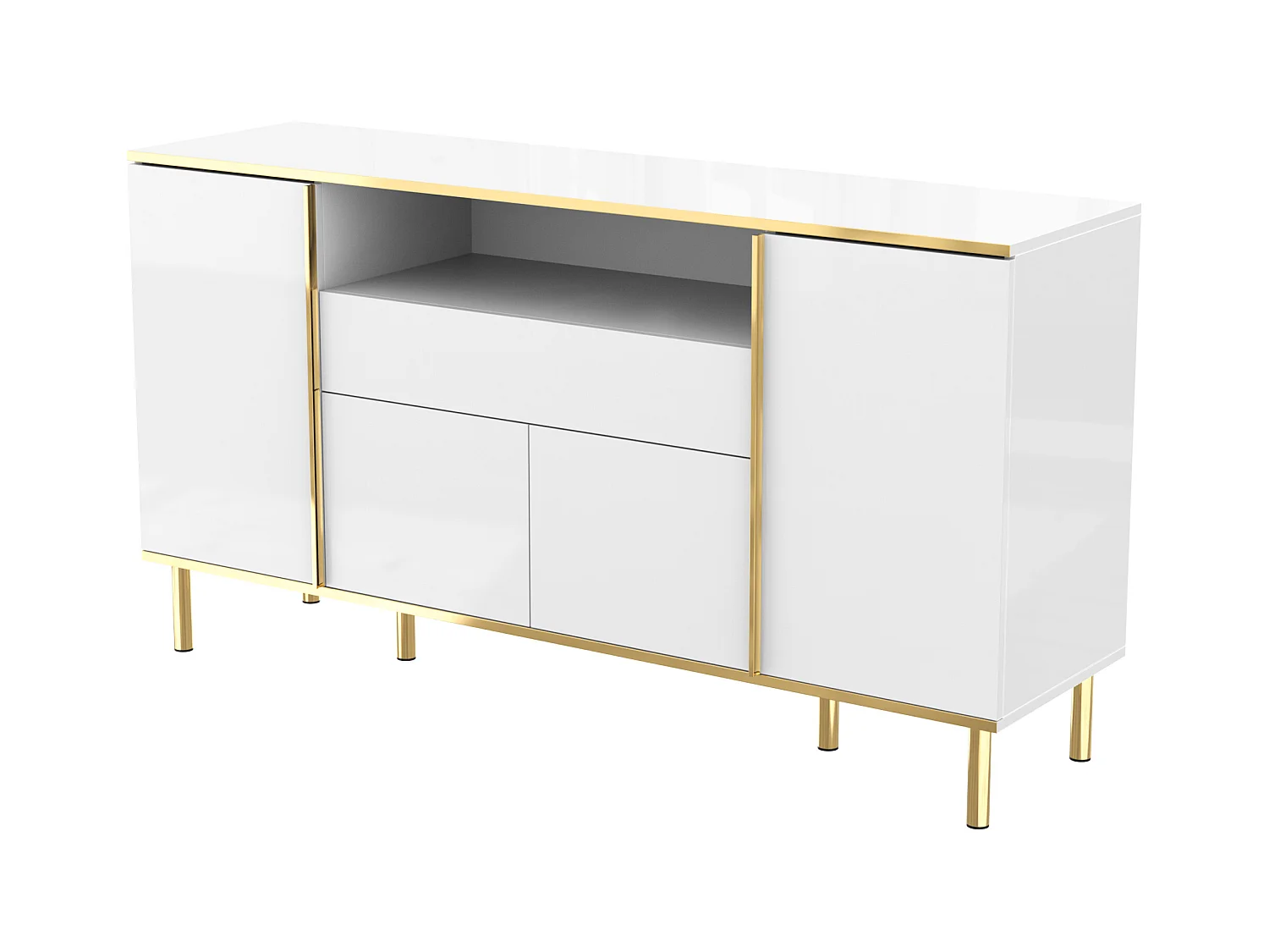 Aparador 150x40x80cm con 4 puertas, 1 cajón y 1 nicho con LED, cuerpo en lacado blanco, cantos y patas en oro.