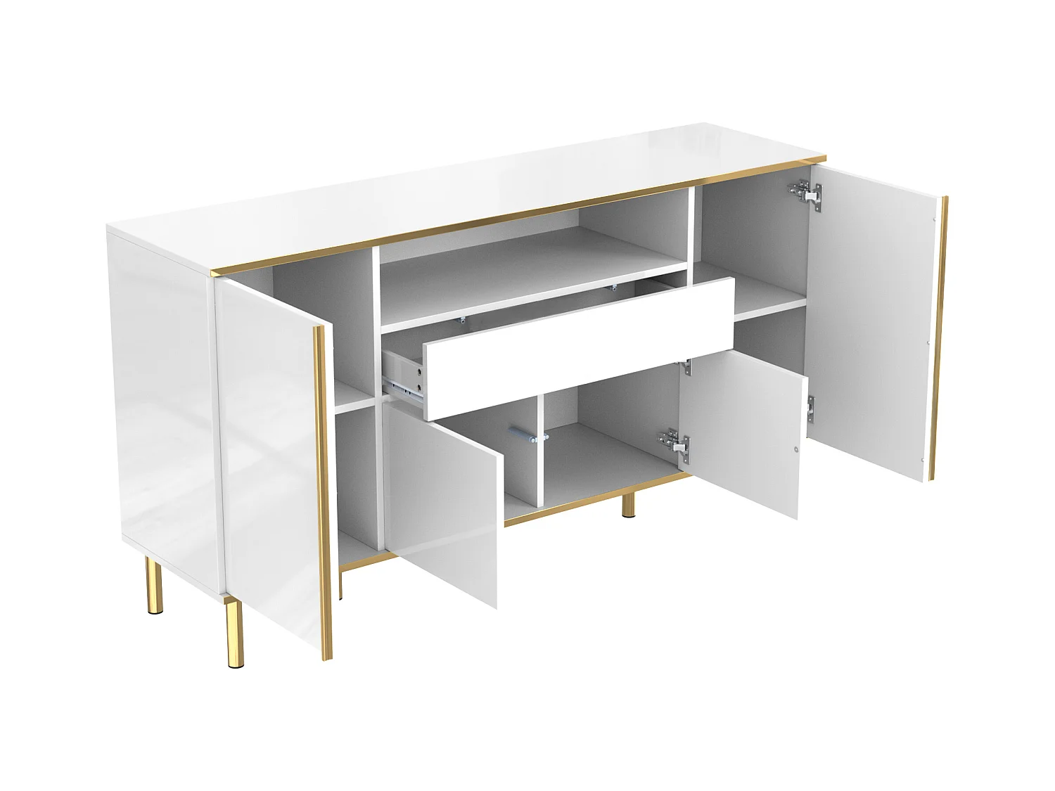 Aparador 150x40x80cm con 4 puertas, 1 cajón y 1 nicho con LED, cuerpo en lacado blanco, cantos y patas en oro.