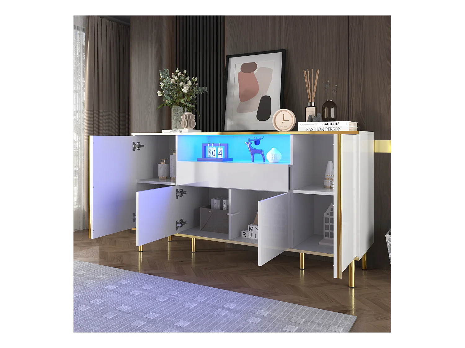 Buffet 150x40x80cm avec 4 portes, 1 tiroir et 1 niche avec LED, corps en blanc laqué, bords et pieds dorés