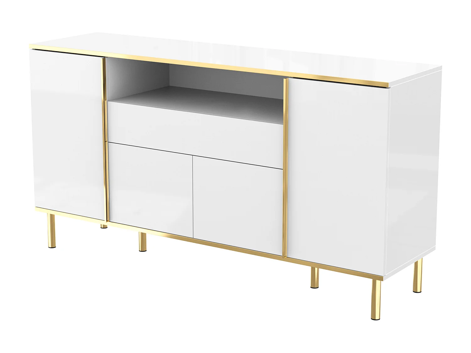 Buffet 150x40x80cm avec 4 portes, 1 tiroir et 1 niche avec LED, corps en blanc laqué, bords et pieds dorés