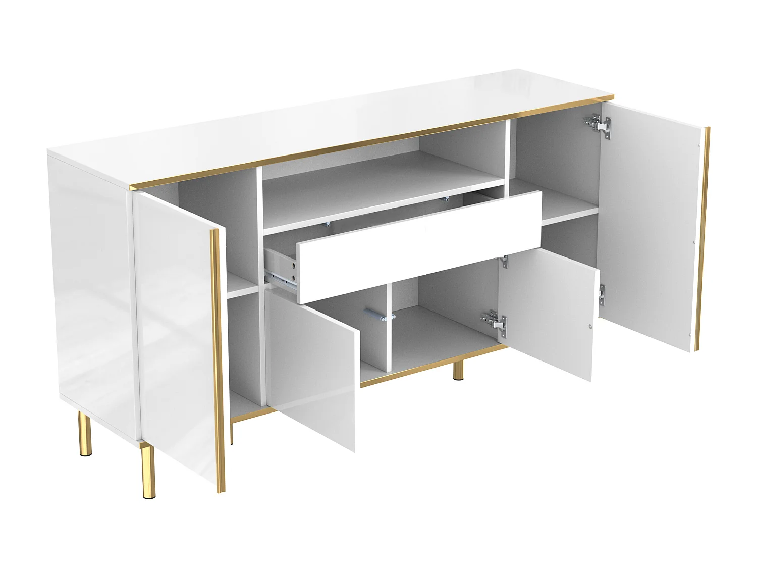Buffet 150x40x80cm avec 4 portes, 1 tiroir et 1 niche avec LED, corps en blanc laqué, bords et pieds dorés