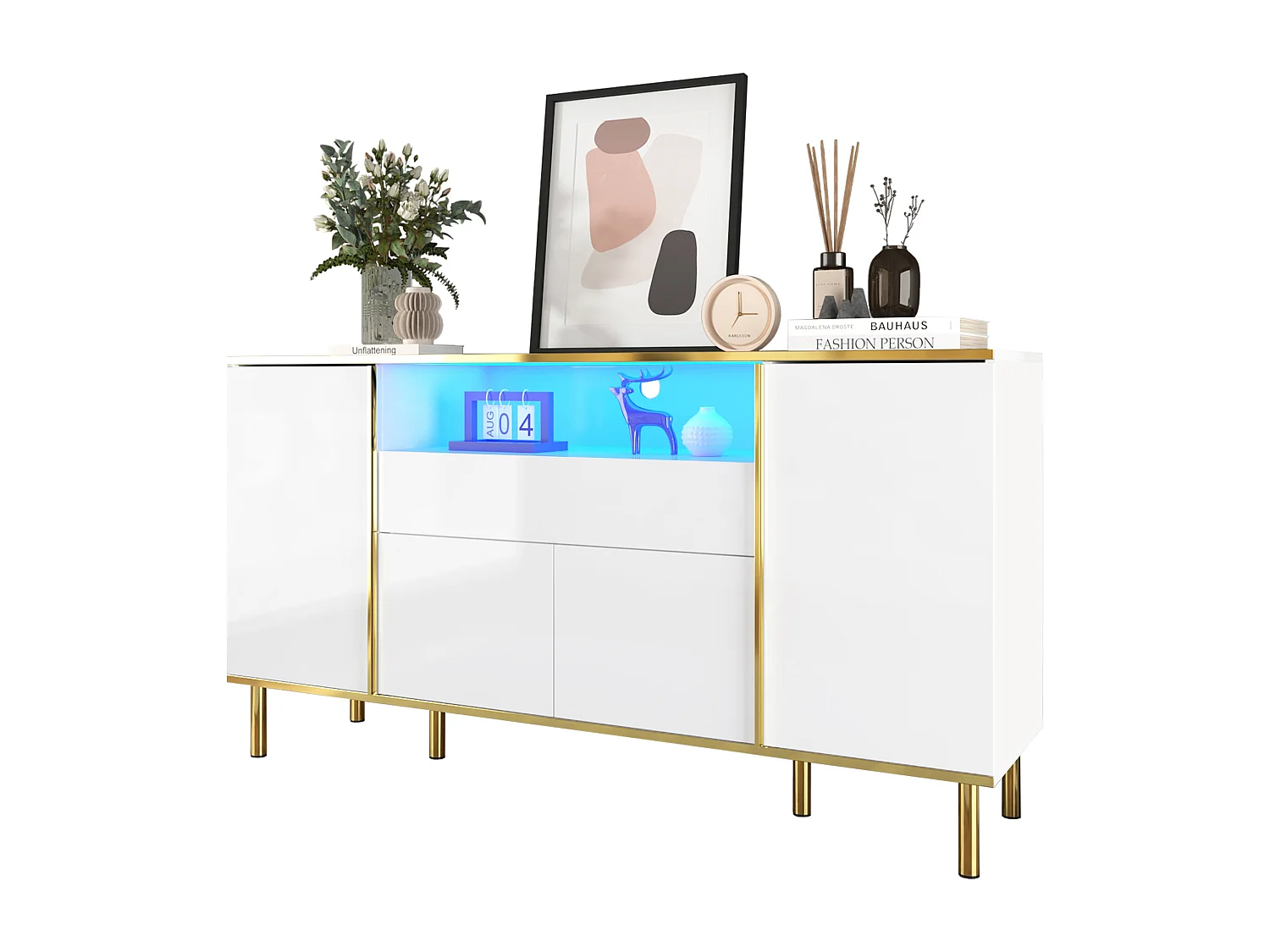 Buffet 150x40x80cm avec 4 portes, 1 tiroir et 1 niche avec LED, corps en blanc laqué, bords et pieds dorés