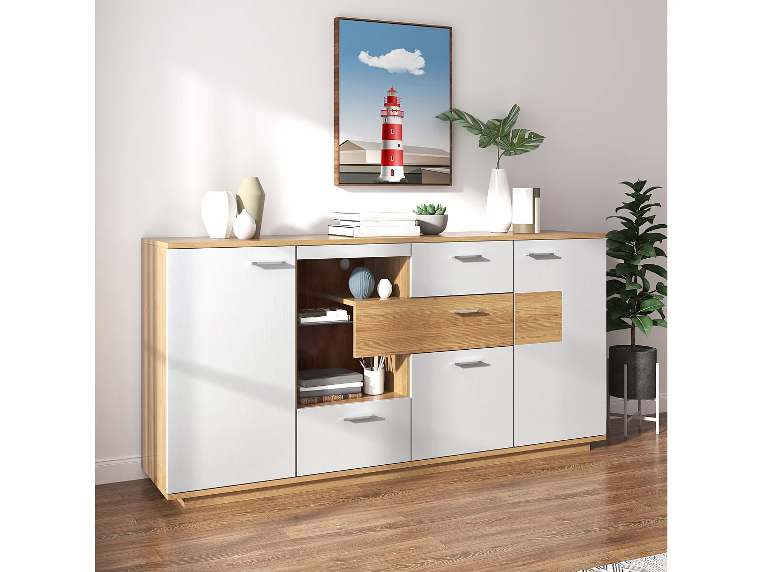 Dressoir 160x40x77cm met 4 lades, 2 deuren, 1 nis en LED, body in hout en wit fineer