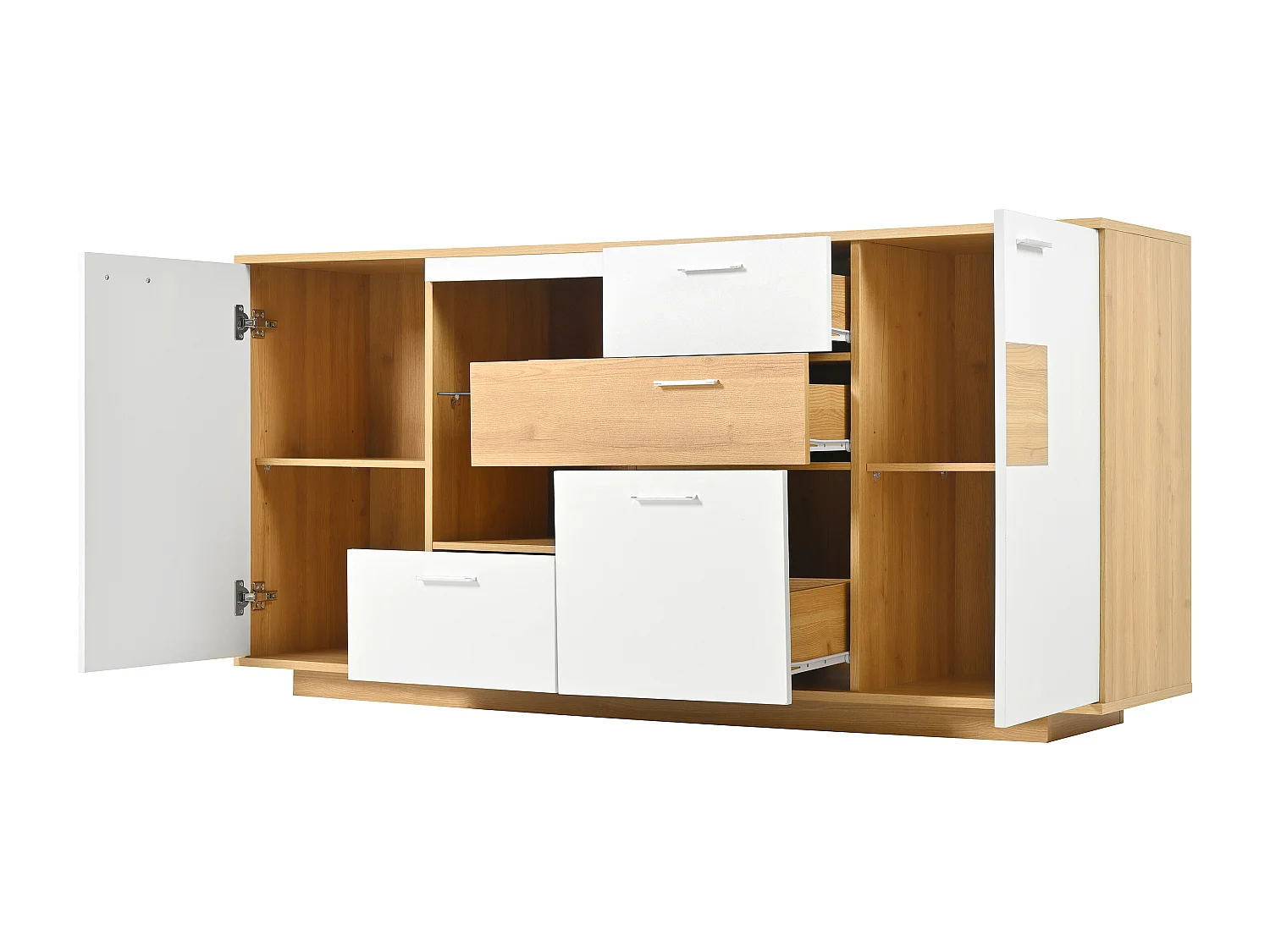Dressoir 160x40x77cm met 4 lades, 2 deuren, 1 nis en LED, body in hout en wit fineer