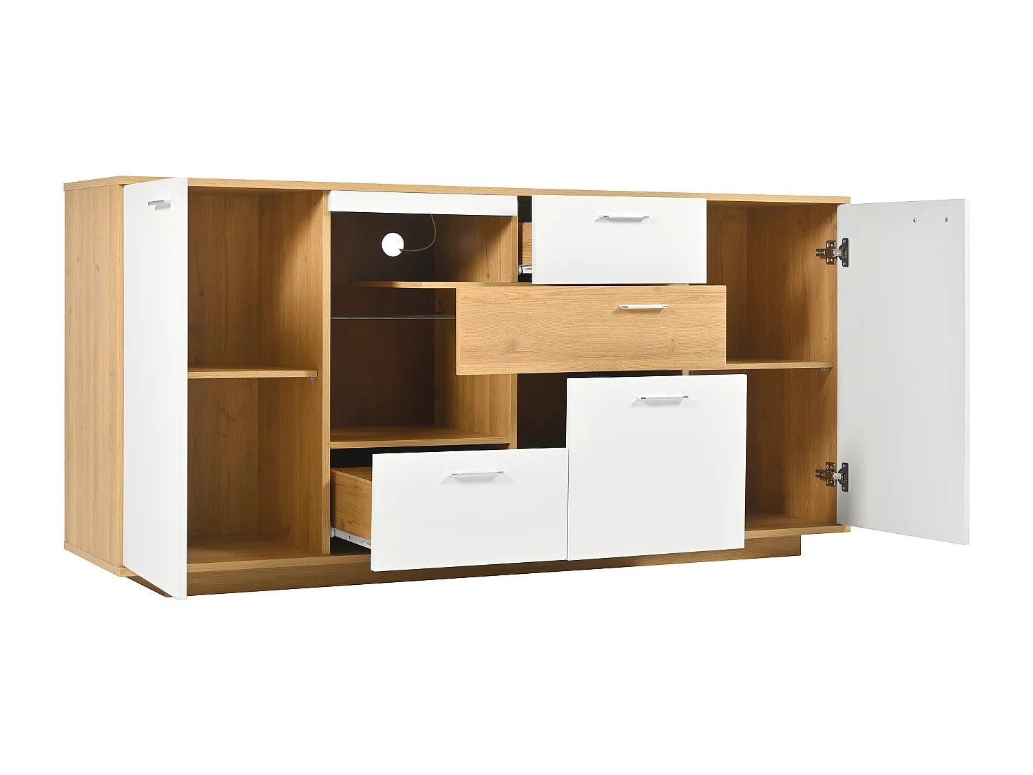 Dressoir 160x40x77cm met 4 lades, 2 deuren, 1 nis en LED, body in hout en wit fineer