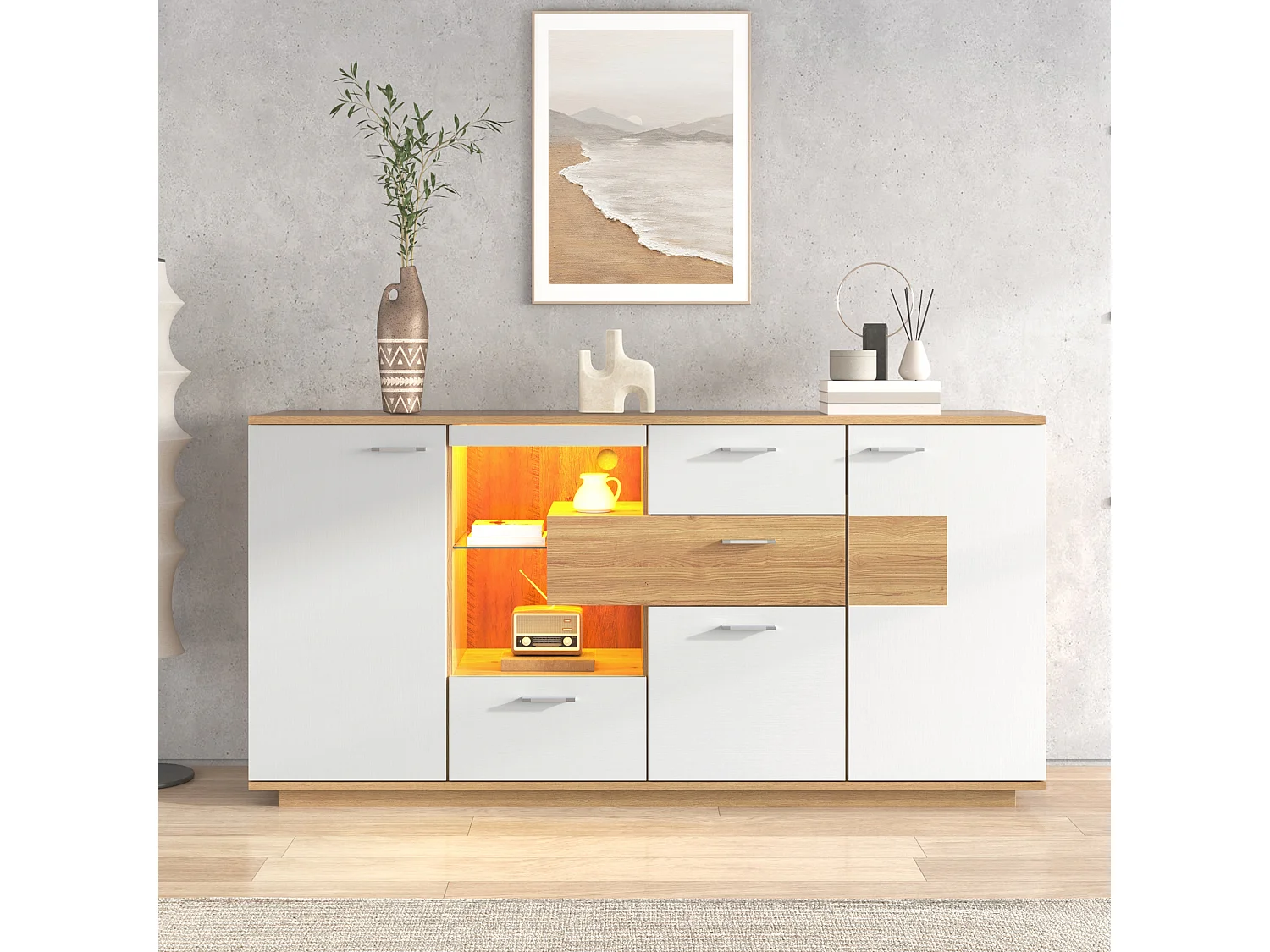 Dressoir 160x40x77cm met 4 lades, 2 deuren, 1 nis en LED, body in hout en wit fineer