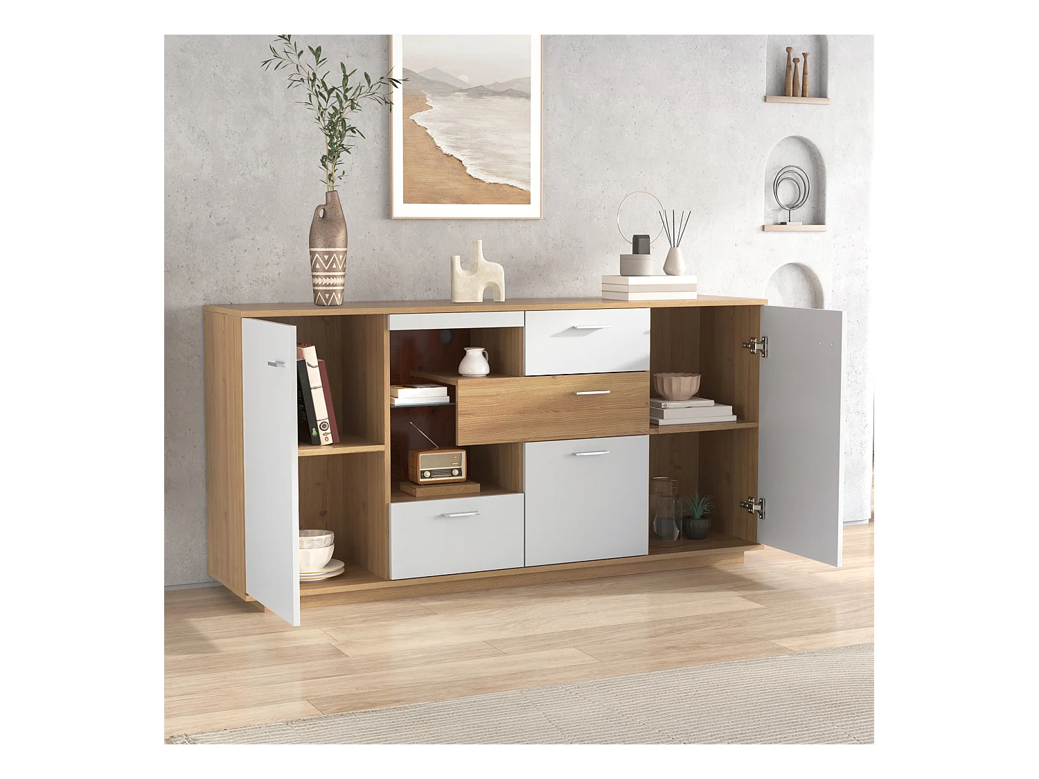 Buffet 160x40x77cm avec 4 tiroirs, 2 portes, 1 niche et LED, corps en placage bois et blanc