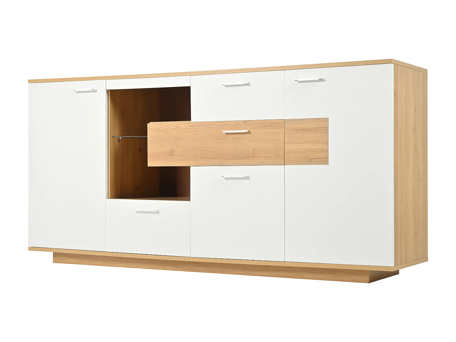 Buffet 160x40x77cm avec 4 tiroirs, 2 portes, 1 niche et LED, corps en placage bois et blanc