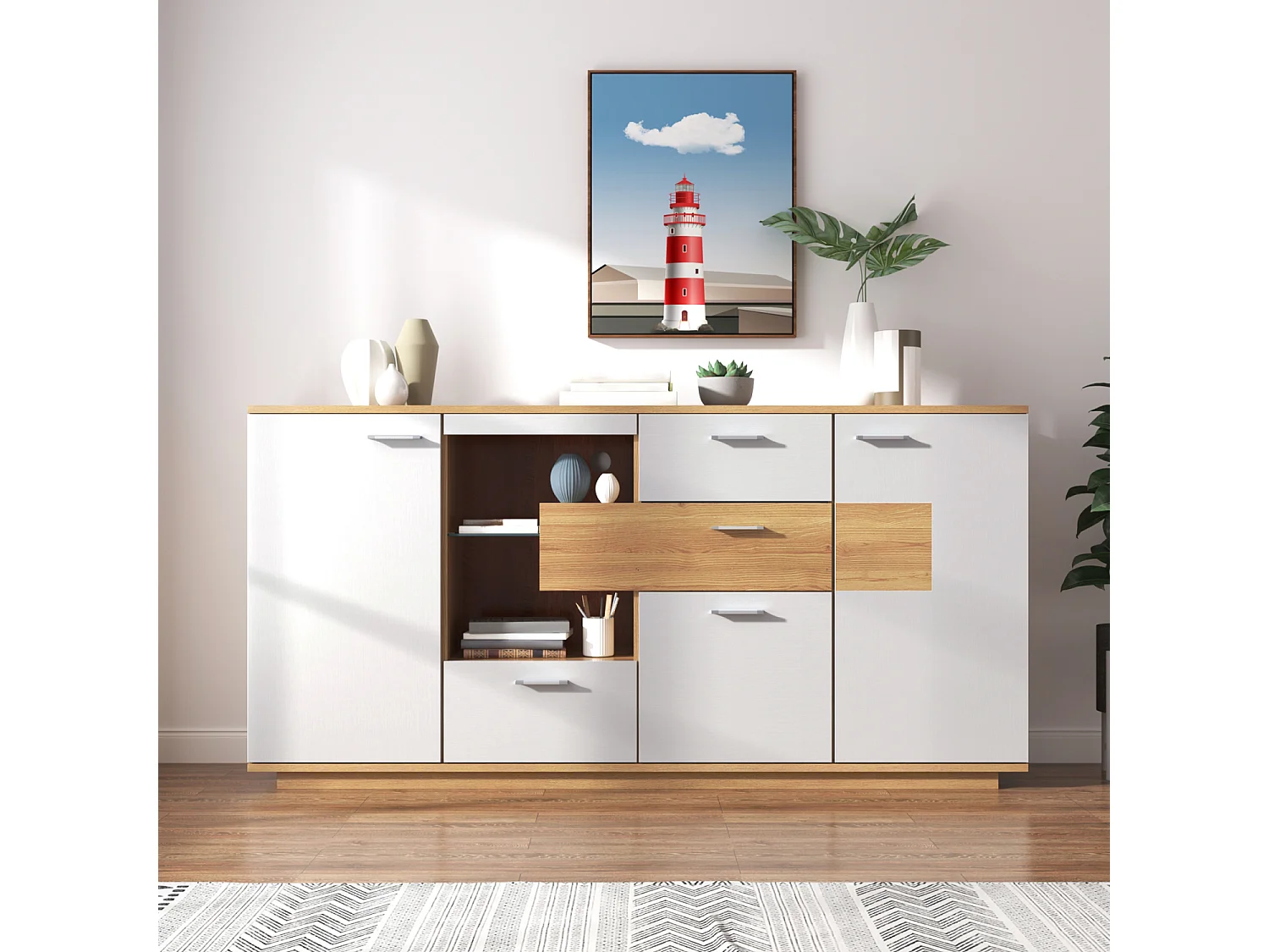 Buffet 160x40x77cm avec 4 tiroirs, 2 portes, 1 niche et LED, corps en placage bois et blanc