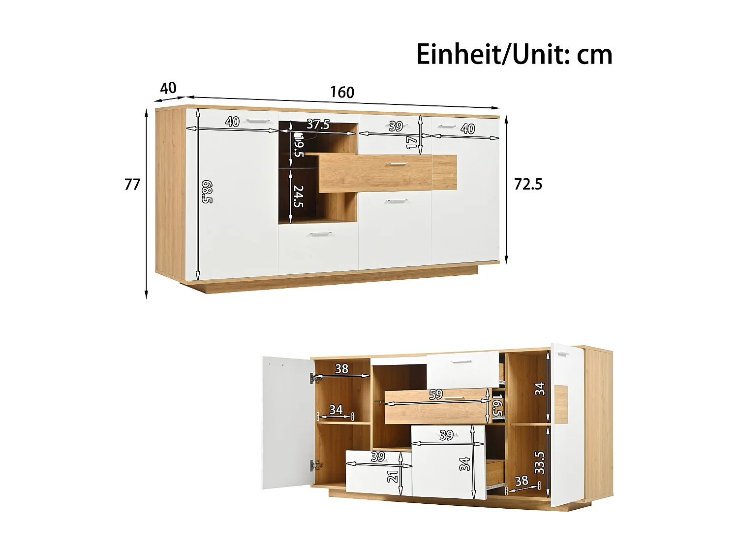 Buffet 160x40x77cm avec 4 tiroirs, 2 portes, 1 niche et LED, corps en placage bois et blanc