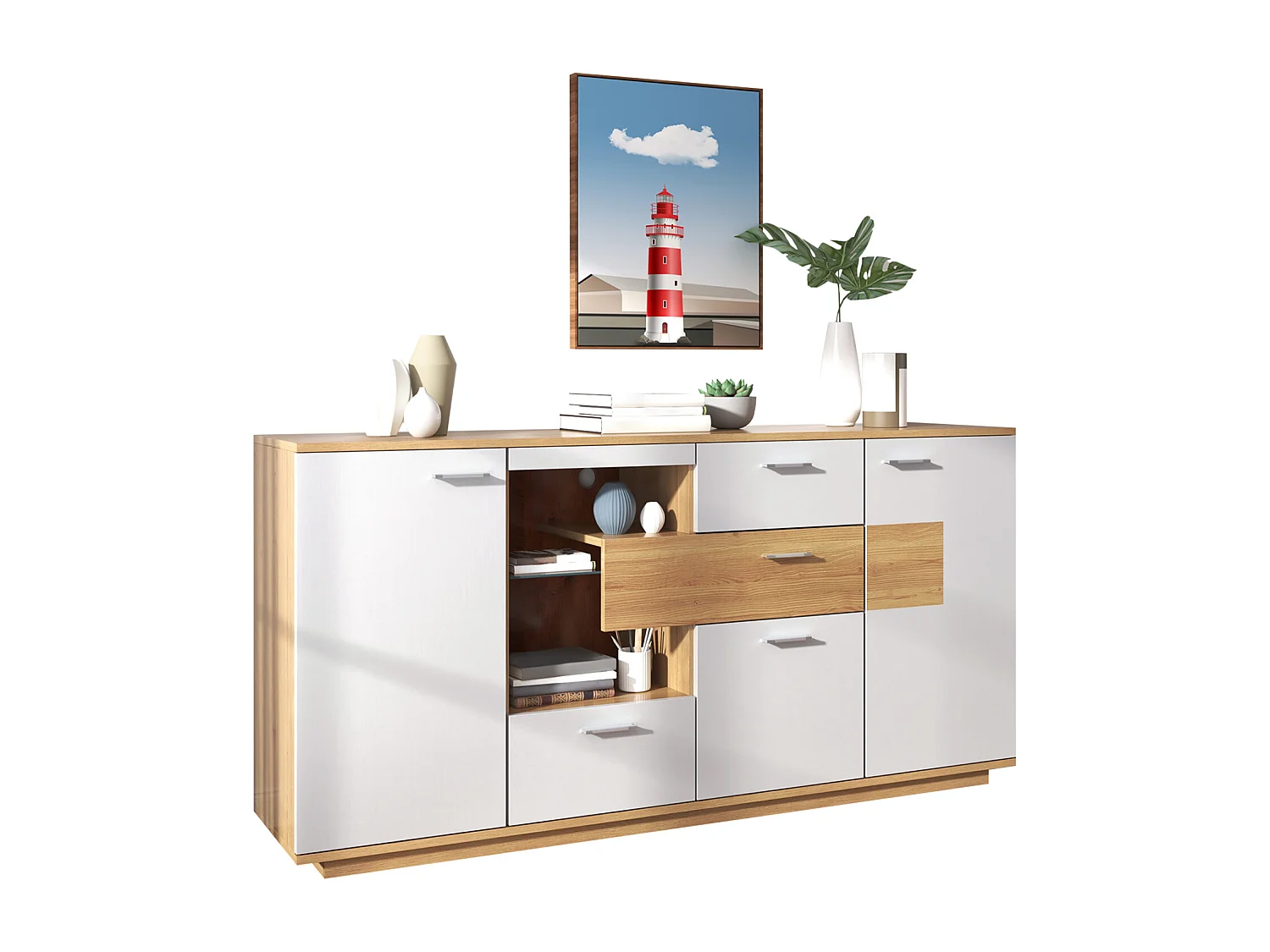 Buffet 160x40x77cm avec 4 tiroirs, 2 portes, 1 niche et LED, corps en placage bois et blanc