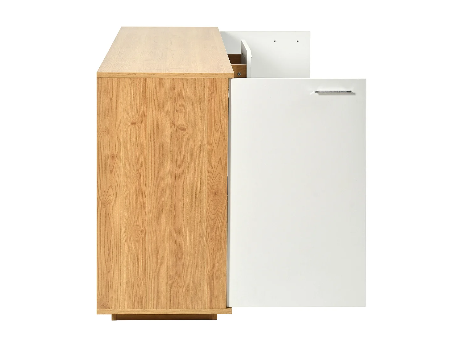 Buffet 160x40x77cm avec 4 tiroirs, 2 portes, 1 niche et LED, corps en placage bois et blanc