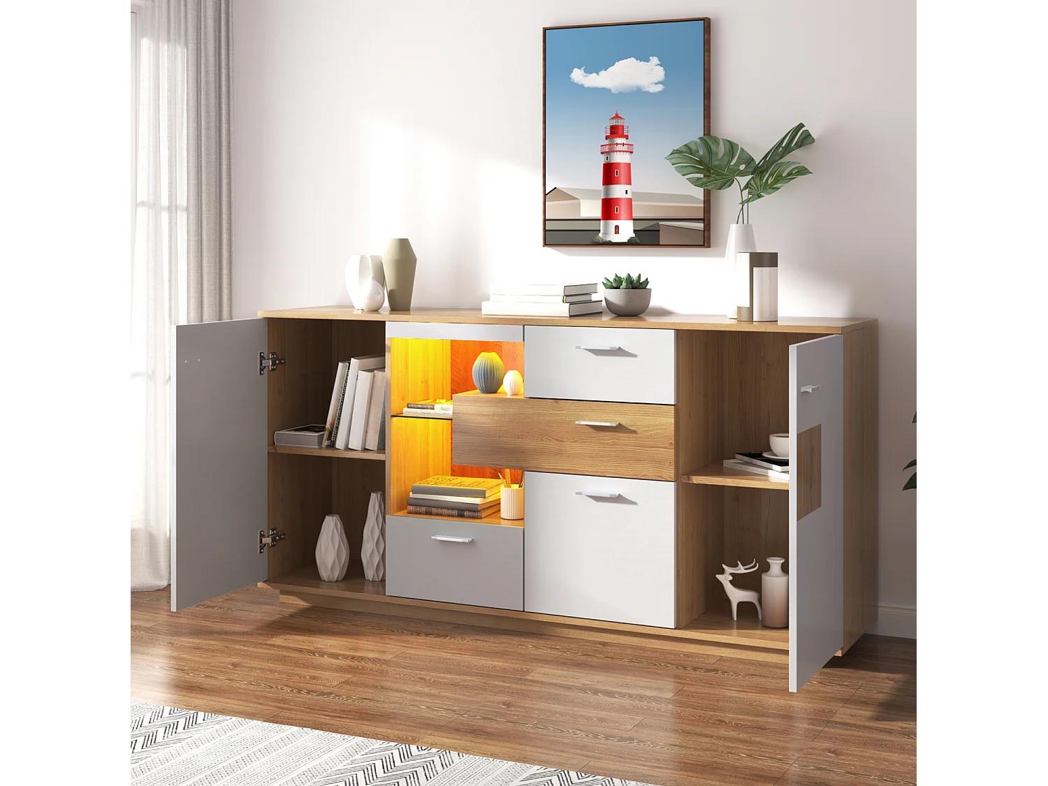 Buffet 160x40x77cm avec 4 tiroirs, 2 portes, 1 niche et LED, corps en placage bois et blanc