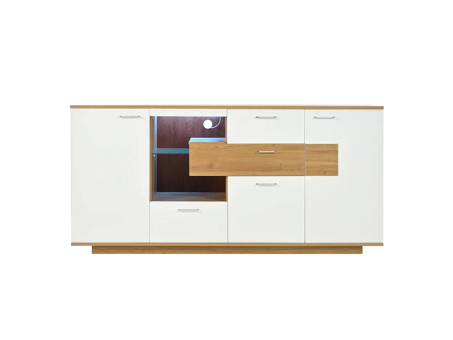 Buffet 160x40x77cm avec 4 tiroirs, 2 portes, 1 niche et LED, corps en placage bois et blanc