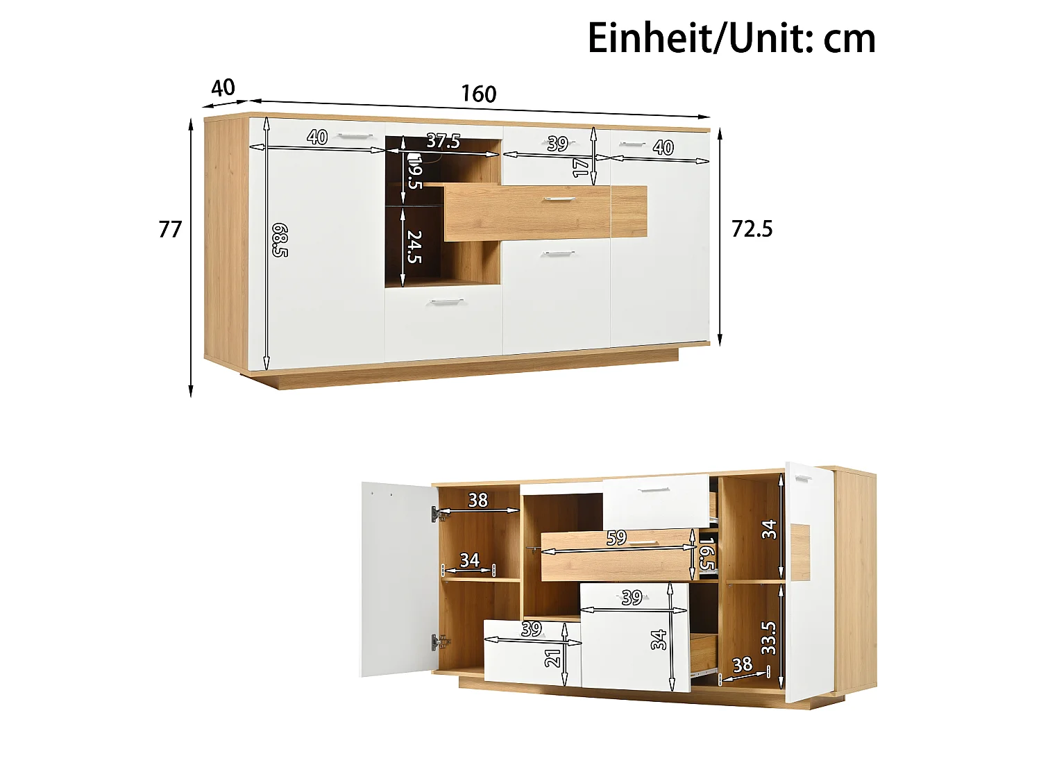 Buffet 160x40x77cm avec 4 tiroirs, 2 portes, 1 niche et LED, corps en placage bois et blanc