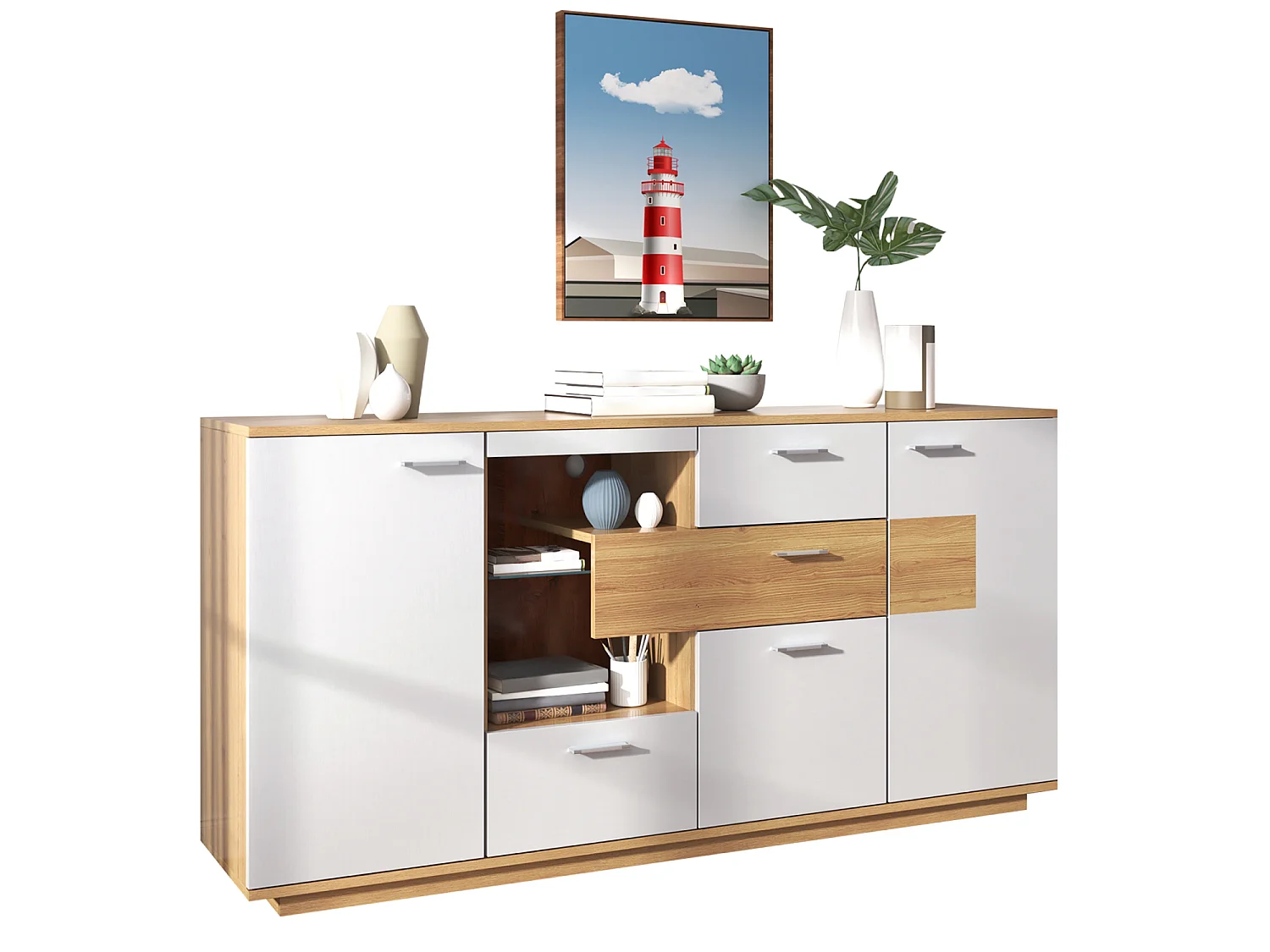 Buffet 160x40x77cm avec 4 tiroirs, 2 portes, 1 niche et LED, corps en placage bois et blanc