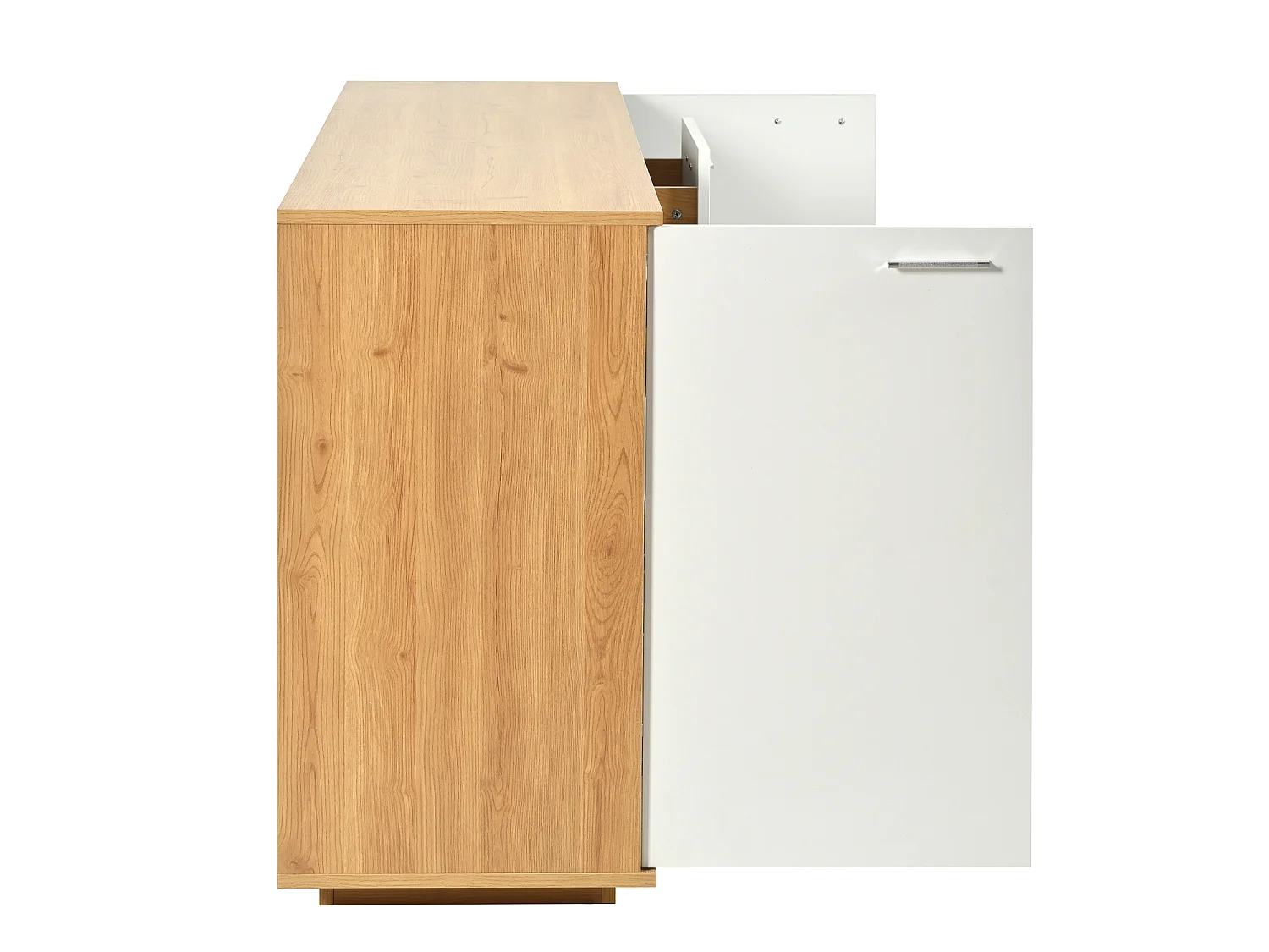 Buffet 160x40x77cm avec 4 tiroirs, 2 portes, 1 niche et LED, corps en placage bois et blanc
