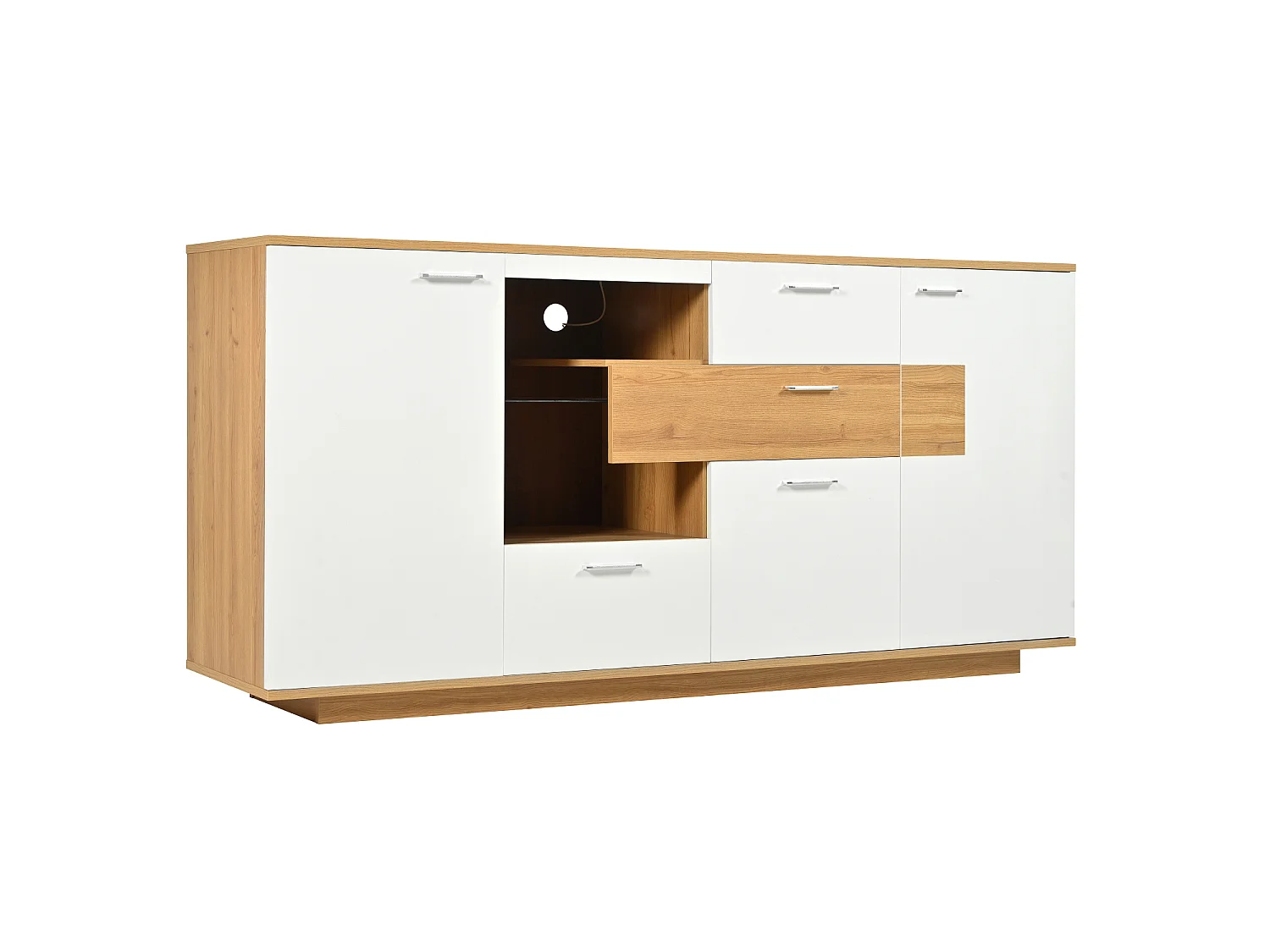 Buffet 160x40x77cm avec 4 tiroirs, 2 portes, 1 niche et LED, corps en placage bois et blanc