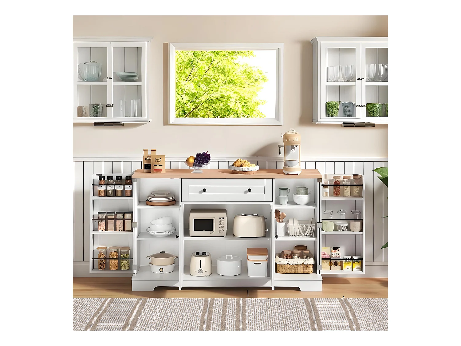 Buffet de cuisine 138x40x85cm avec 4 portes et 1 tiroir, plateau en woodgrain naturel, corps blanc