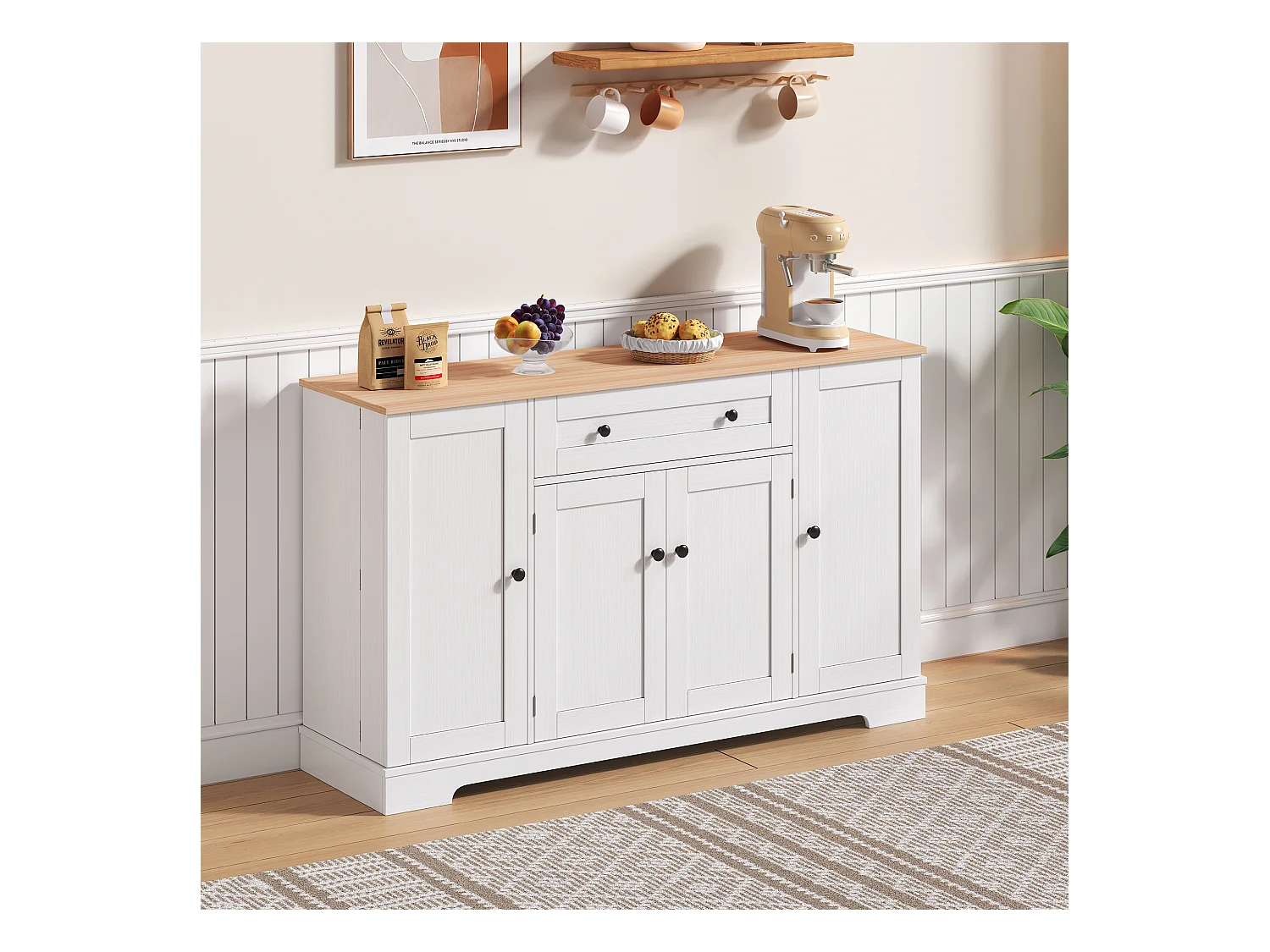 Buffet de cuisine 138x40x85cm avec 4 portes et 1 tiroir, plateau en woodgrain naturel, corps blanc