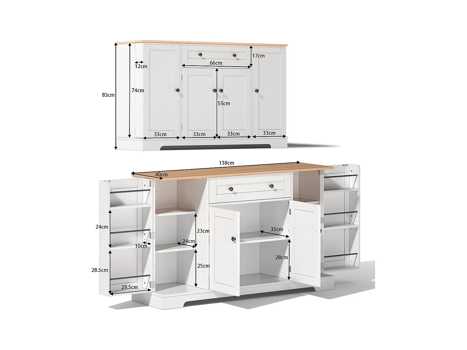 Buffet de cuisine 138x40x85cm avec 4 portes et 1 tiroir, plateau en woodgrain naturel, corps blanc