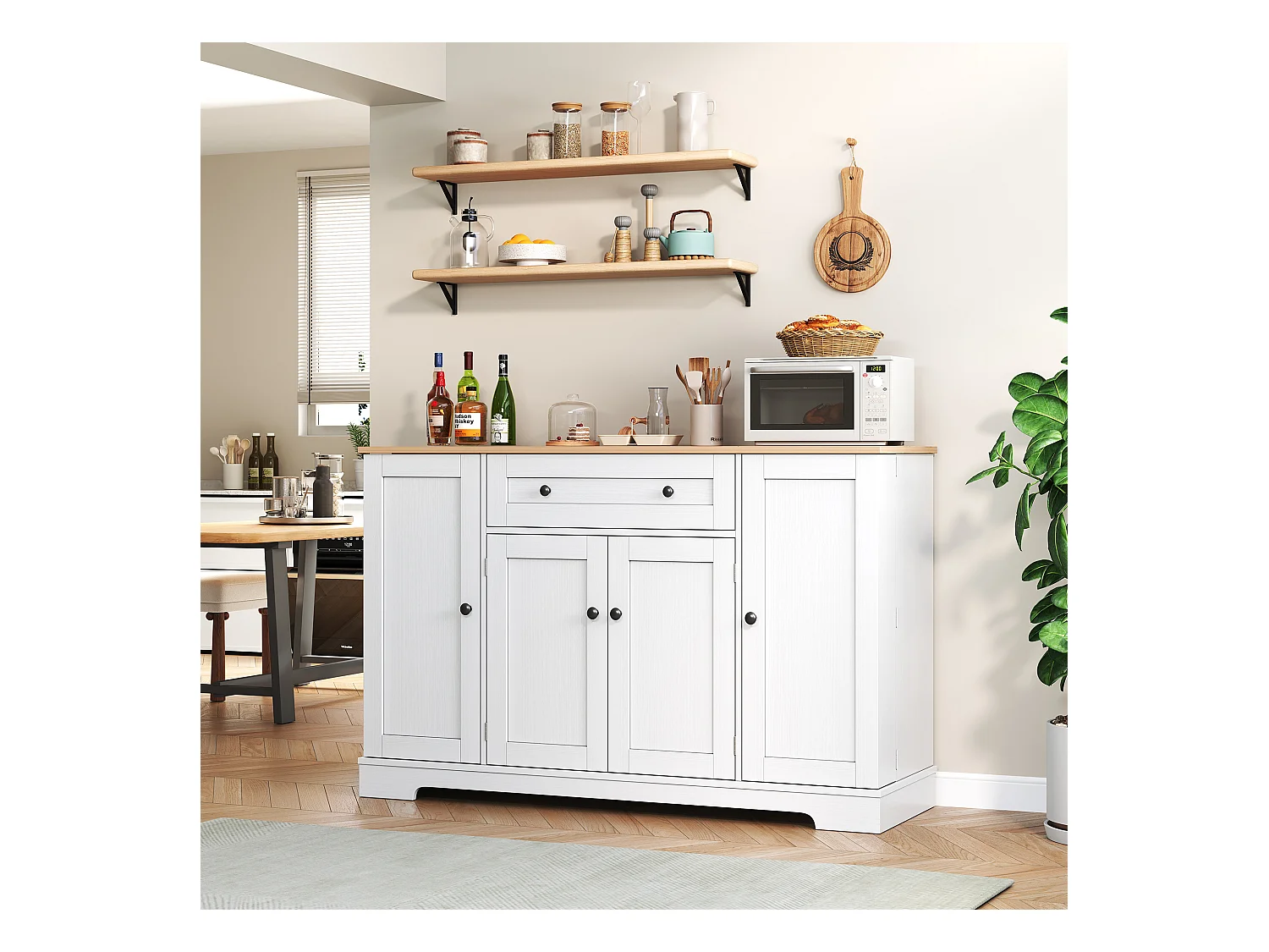 Buffet de cuisine 138x40x85cm avec 4 portes et 1 tiroir, plateau en woodgrain naturel, corps blanc