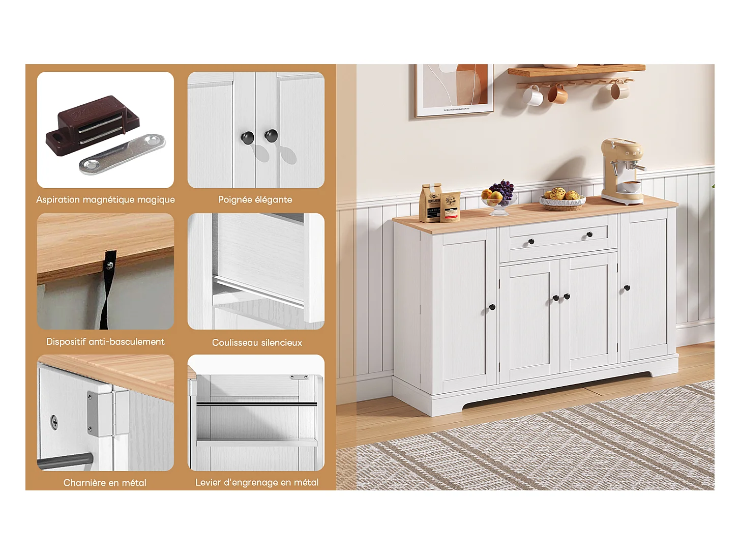 Buffet de cuisine 138x40x85cm avec 4 portes et 1 tiroir, plateau en woodgrain naturel, corps blanc