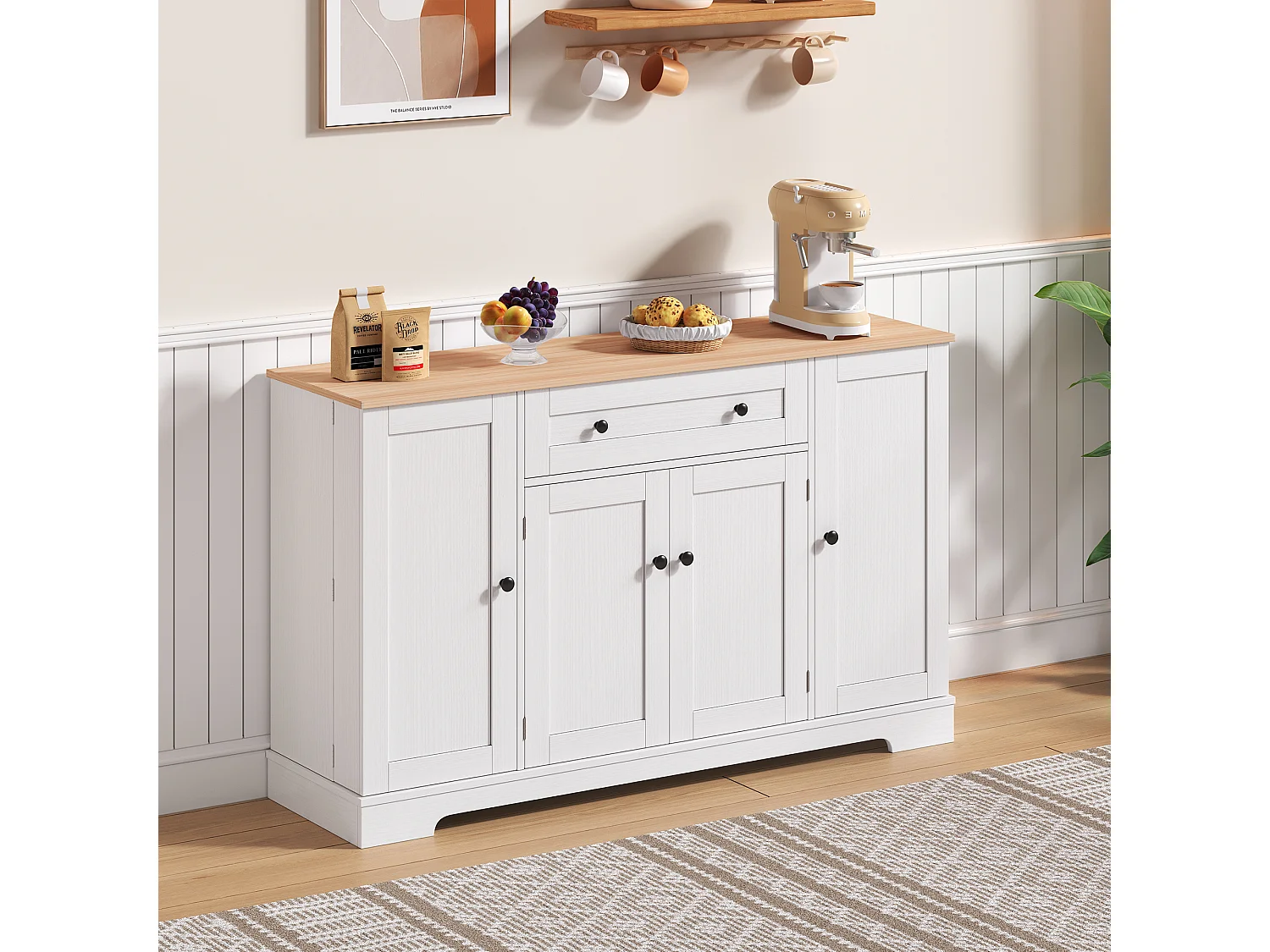 Buffet de cuisine 138x40x85cm avec 4 portes et 1 tiroir, plateau en woodgrain naturel, corps blanc