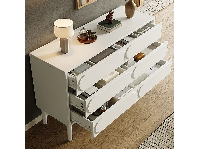 Buffet 120x40x75cm avec 6 tiroirs, décoration à relief 3D, corps en MDF blanc