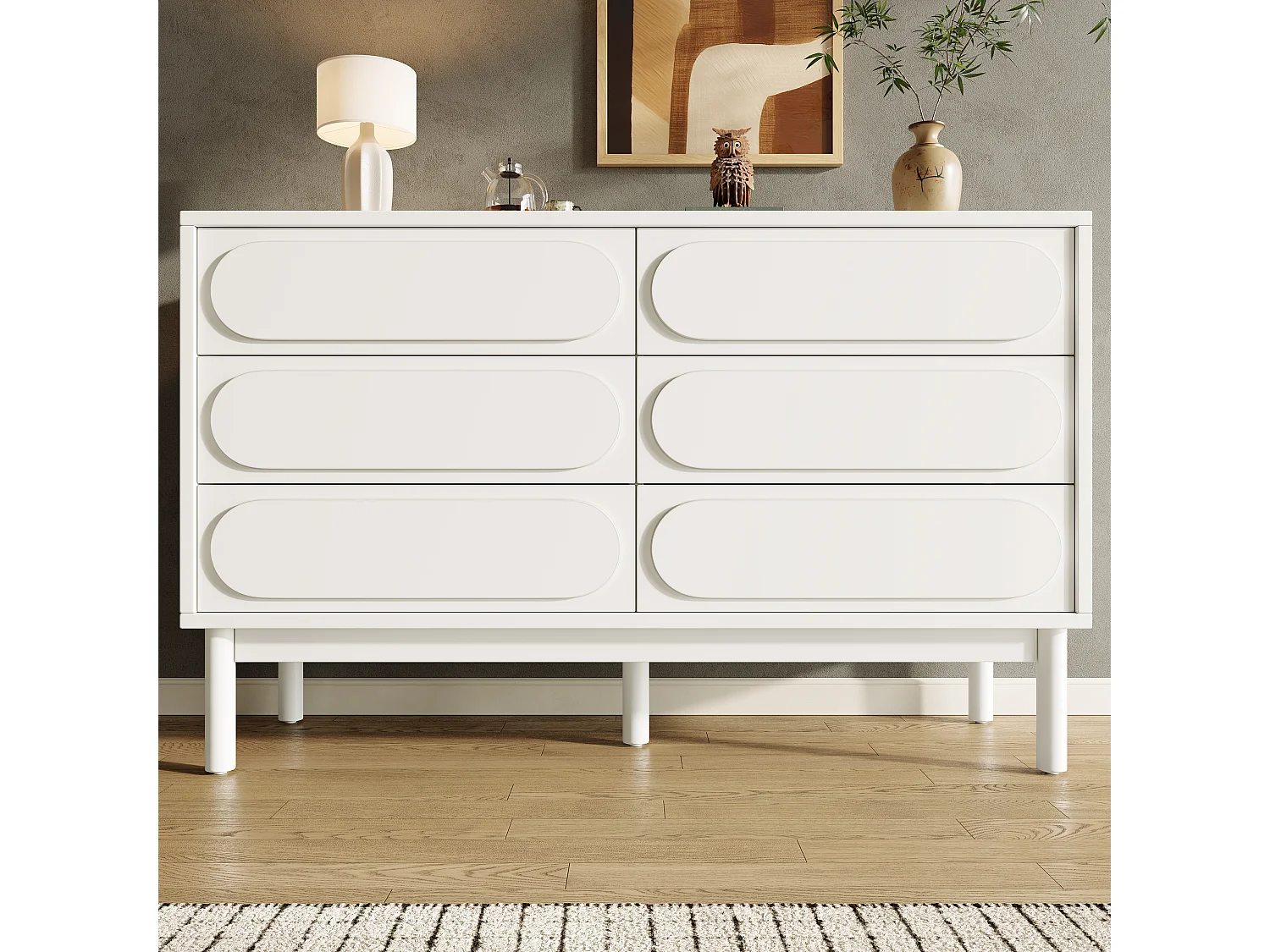 Buffet 120x40x75cm avec 6 tiroirs, décoration à relief 3D, corps en MDF blanc