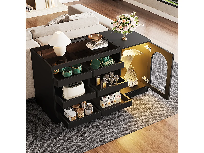 Buffet 120x40x75cm avec 6 tiroirs, 1 porte avec LED, plateau en verre coloré, corps noir