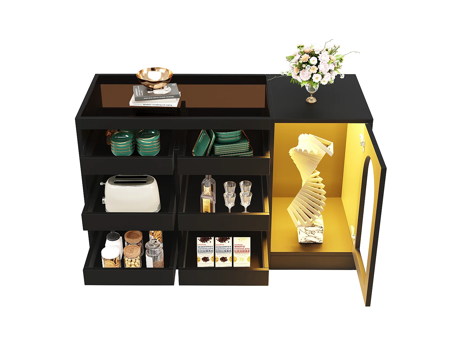 Buffet 120x40x75cm avec 6 tiroirs, 1 porte avec LED, plateau en verre coloré, corps noir