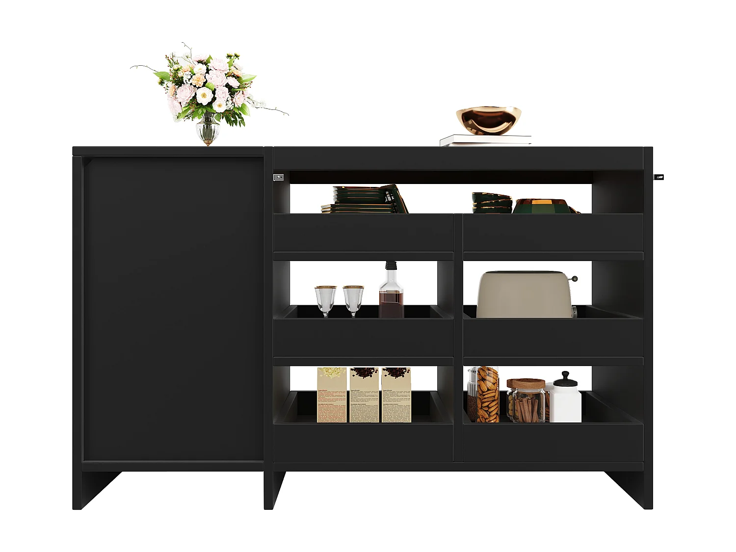 Buffet 120x40x75cm avec 6 tiroirs, 1 porte avec LED, plateau en verre coloré, corps noir