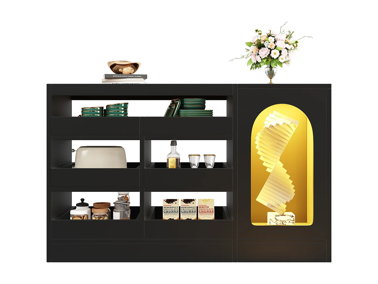 Buffet 120x40x75cm avec 6 tiroirs, 1 porte avec LED, plateau en verre coloré, corps noir