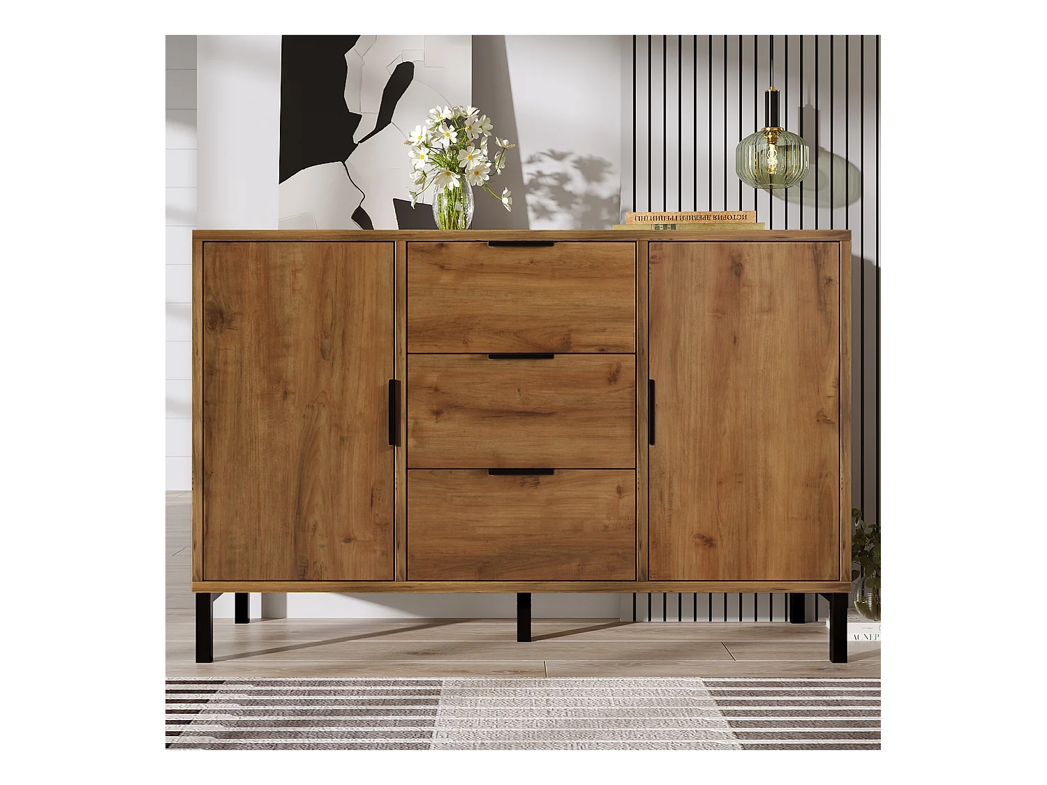 Buffet 120x40x76cm avec 3 tiroirs et 2 portes, en bois naturel foncé, pieds en métal noir