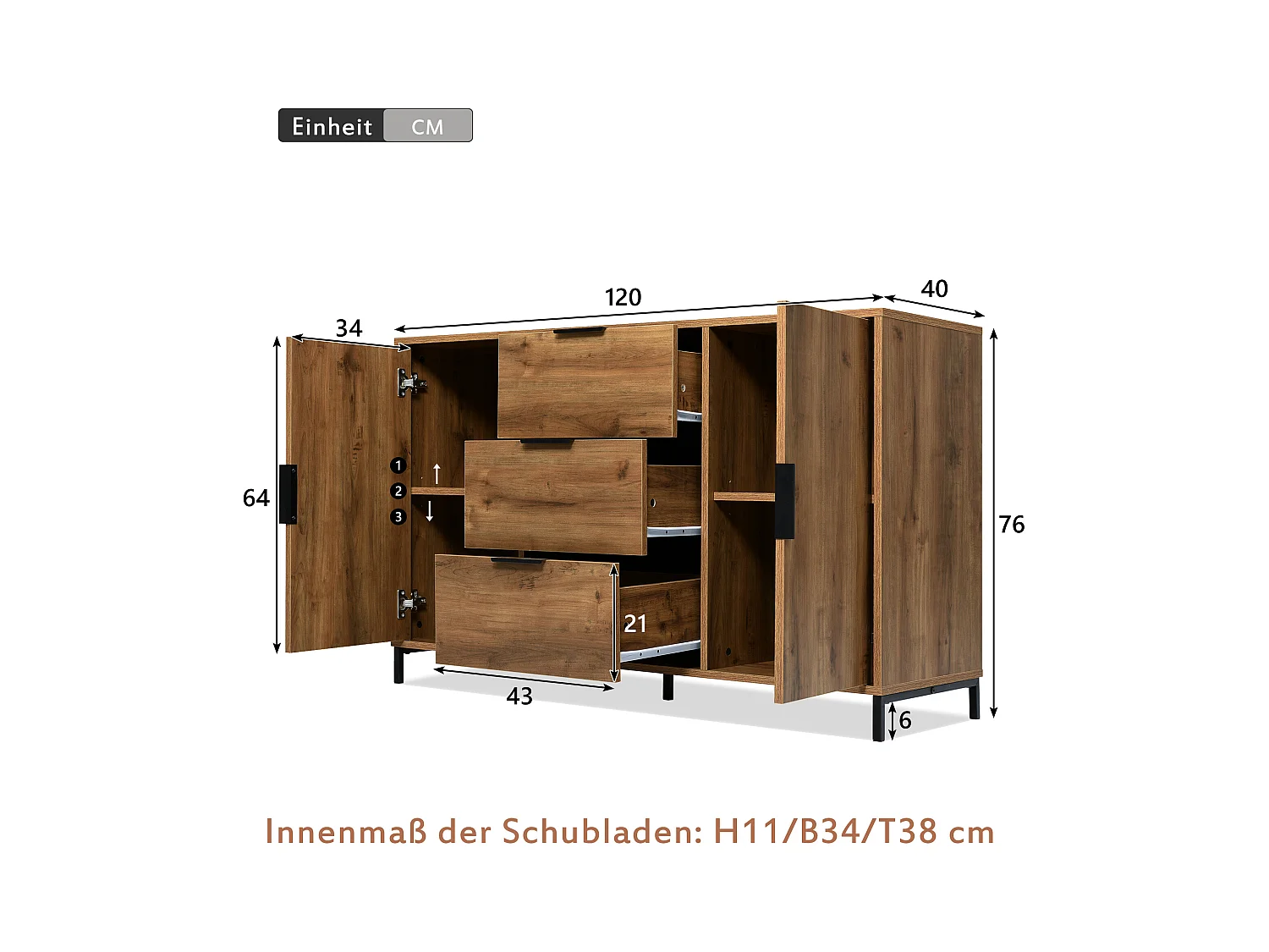 Buffet 120x40x76cm avec 3 tiroirs et 2 portes, en bois naturel foncé, pieds en métal noir