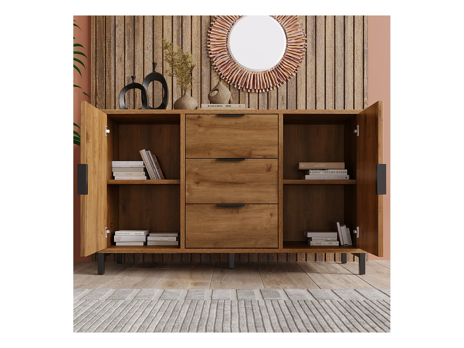 Buffet 120x40x76cm avec 3 tiroirs et 2 portes, en bois naturel foncé, pieds en métal noir