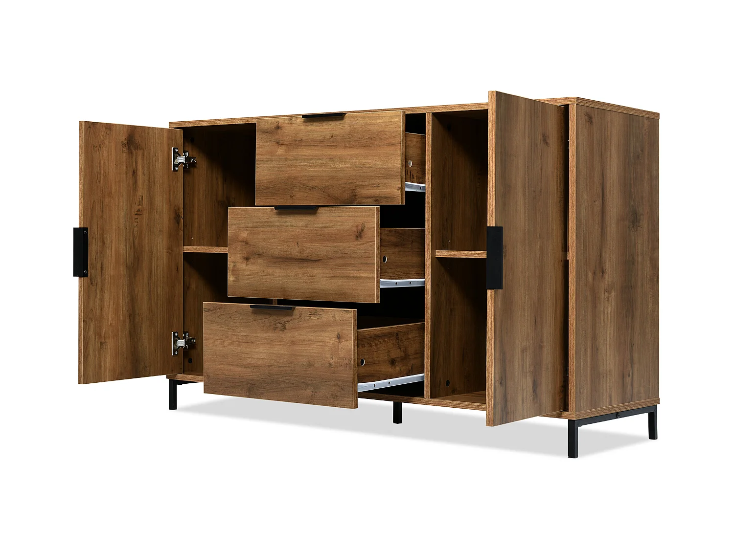 Buffet 120x40x76cm avec 3 tiroirs et 2 portes, en bois naturel foncé, pieds en métal noir