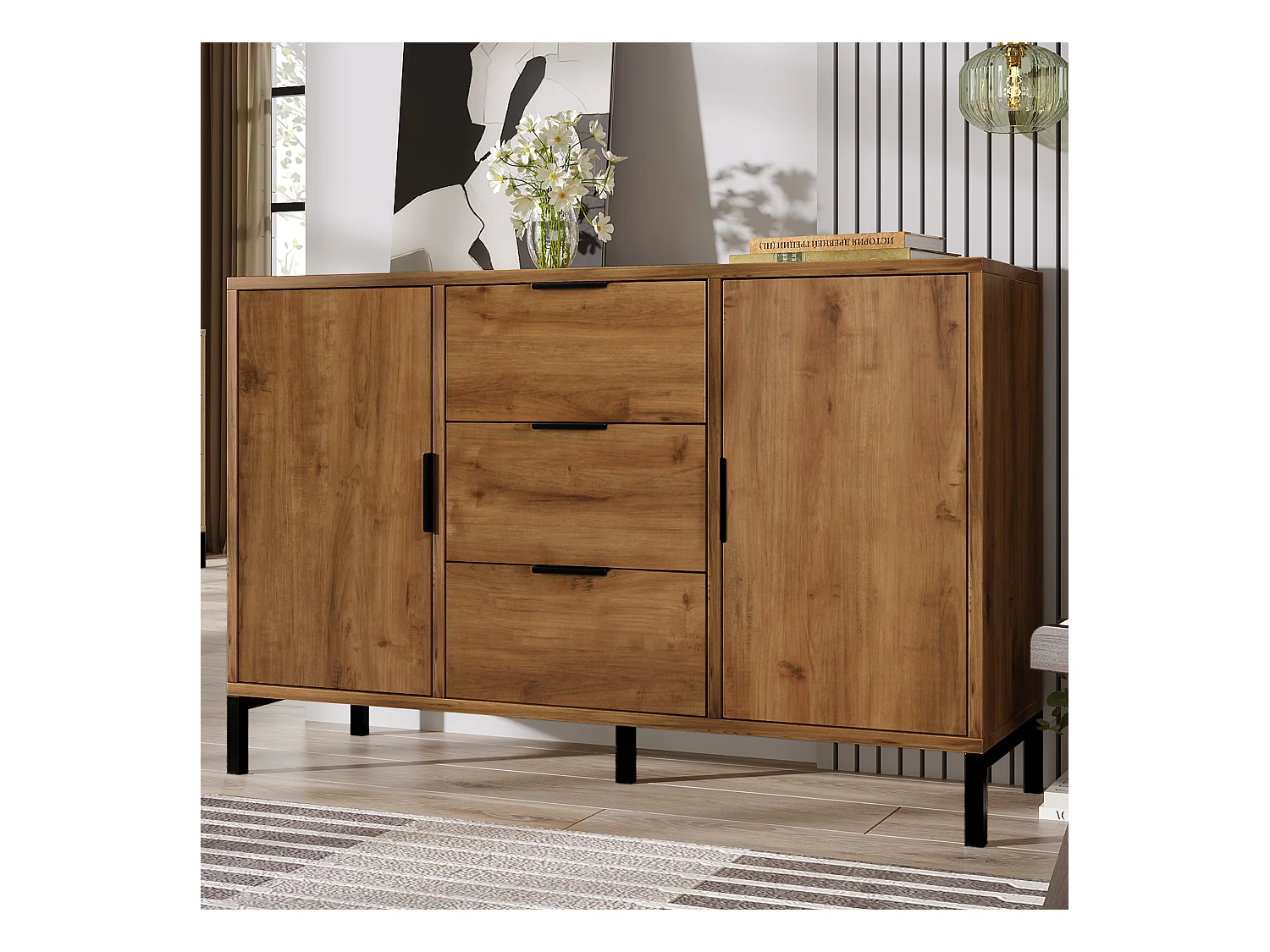Buffet 120x40x76cm avec 3 tiroirs et 2 portes, en bois naturel foncé, pieds en métal noir