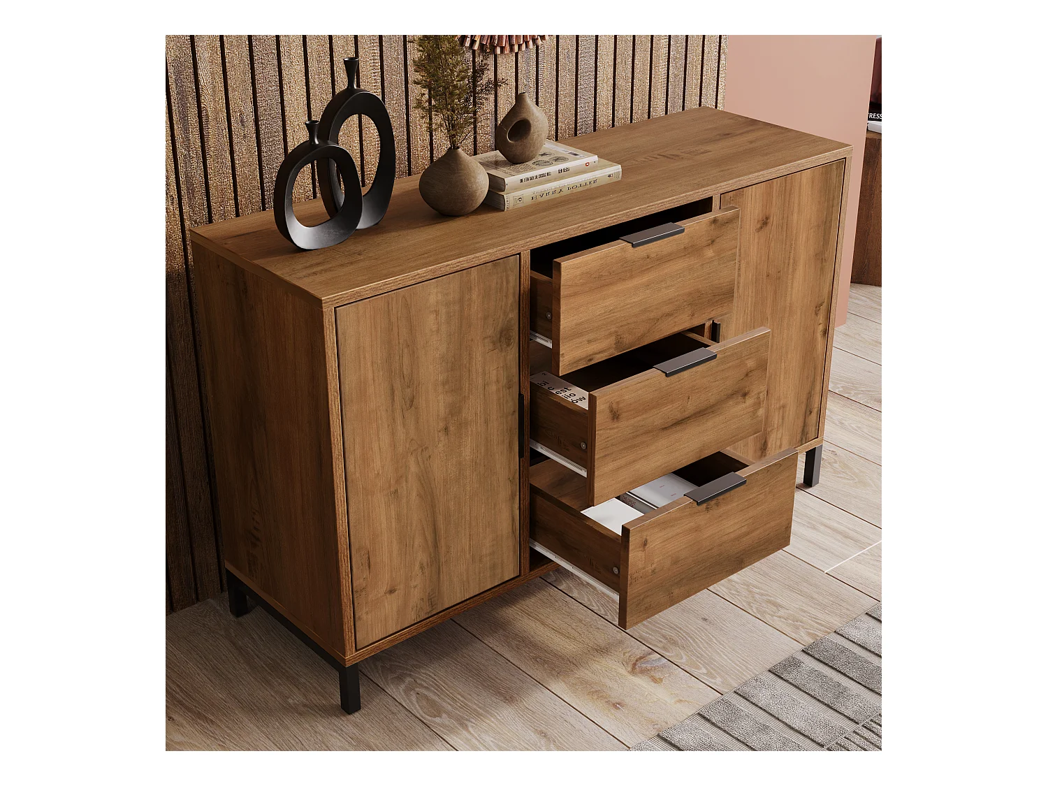 Buffet 120x40x76cm avec 3 tiroirs et 2 portes, en bois naturel foncé, pieds en métal noir