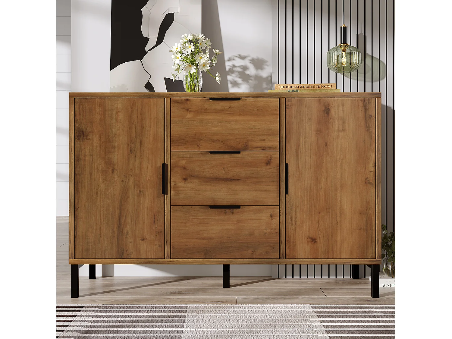 Buffet 120x40x76cm avec 3 tiroirs et 2 portes, en bois naturel foncé, pieds en métal noir
