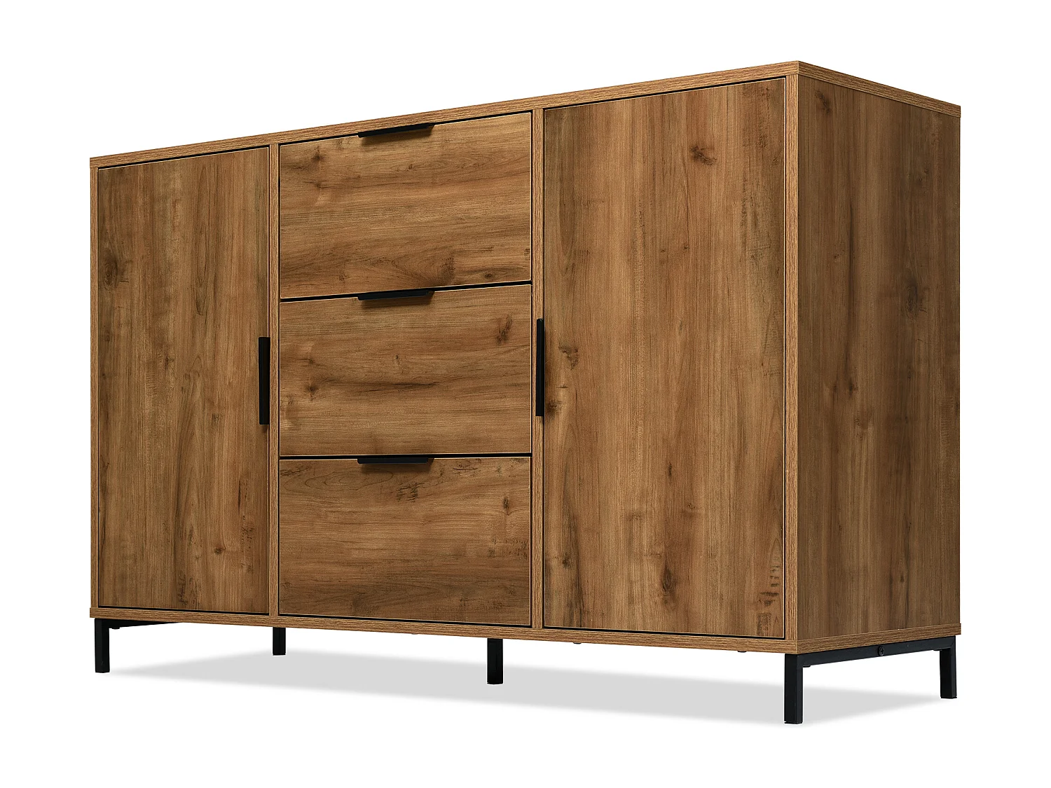 Buffet 120x40x76cm avec 3 tiroirs et 2 portes, en bois naturel foncé, pieds en métal noir