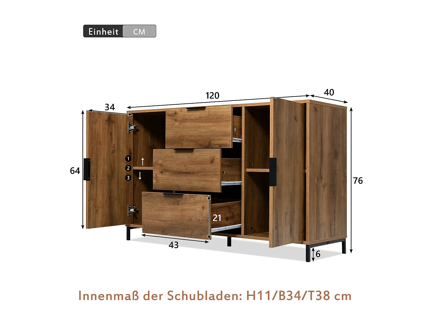 Buffet 120x40x76cm avec 3 tiroirs et 2 portes, en bois naturel foncé, pieds en métal noir