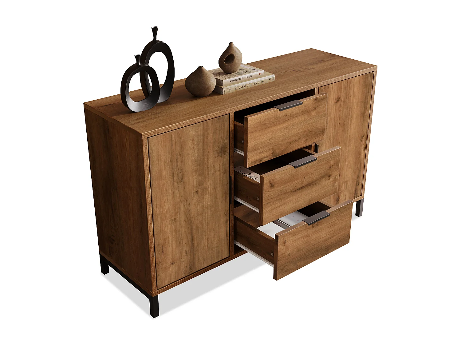 Buffet 120x40x76cm avec 3 tiroirs et 2 portes, en bois naturel foncé, pieds en métal noir