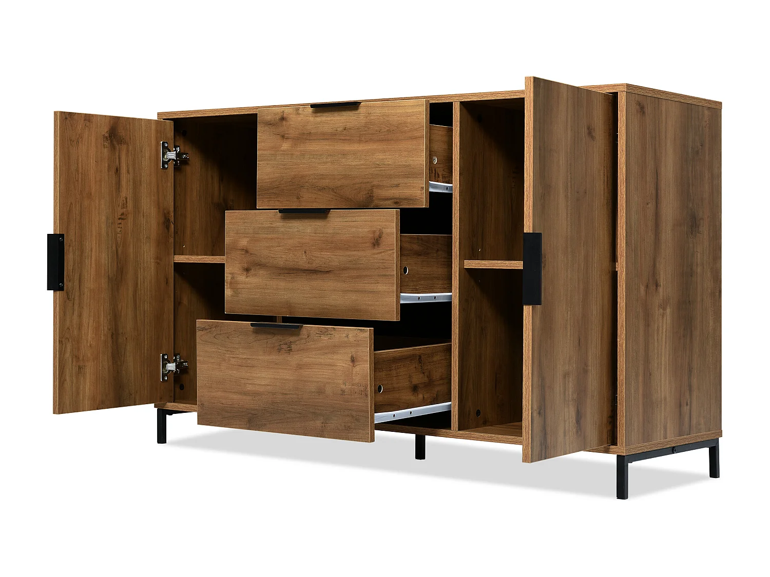 Buffet 120x40x76cm avec 3 tiroirs et 2 portes, en bois naturel foncé, pieds en métal noir