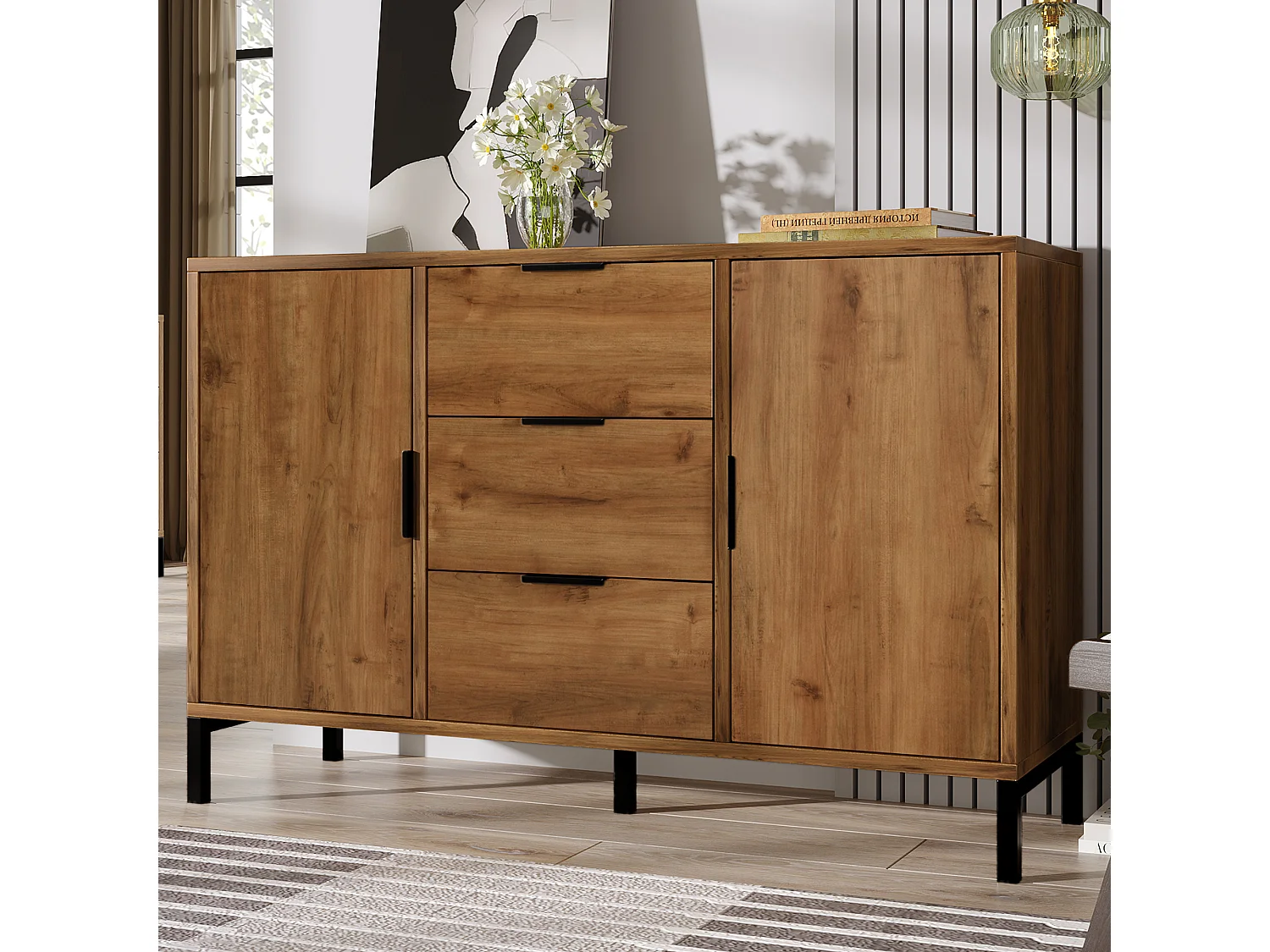 Buffet 120x40x76cm avec 3 tiroirs et 2 portes, en bois naturel foncé, pieds en métal noir