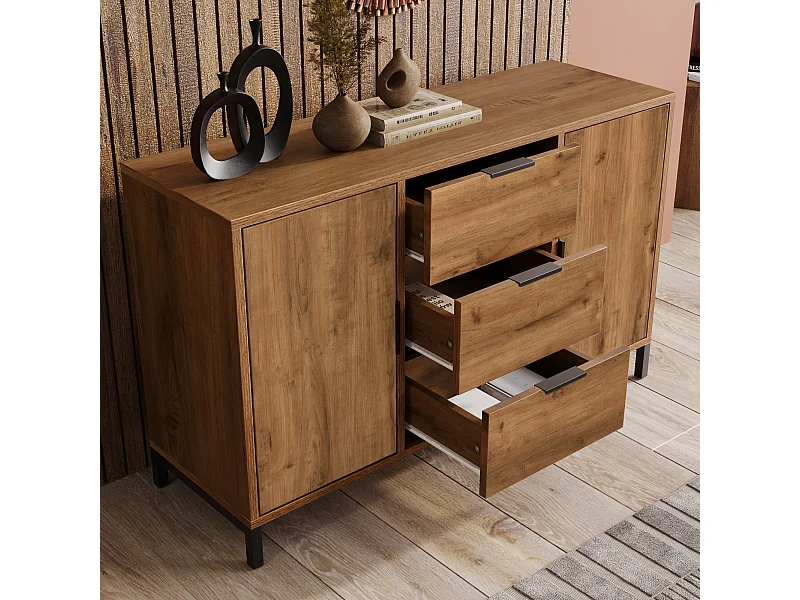 Buffet 120x40x76cm avec 3 tiroirs et 2 portes, en bois naturel foncé, pieds en métal noir